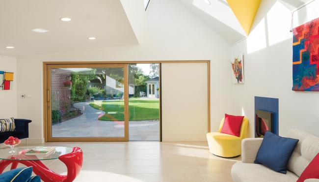 Contemporary sliding door from Centor has an integral blind for added privacy and control of glare