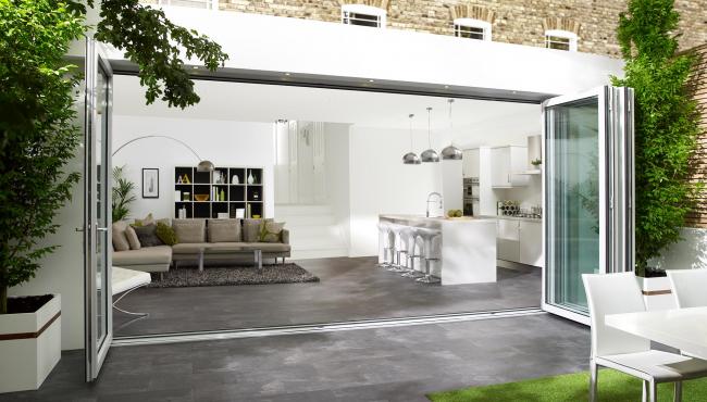 Centor 335 folding door has a sleek aluminium interior and exterior