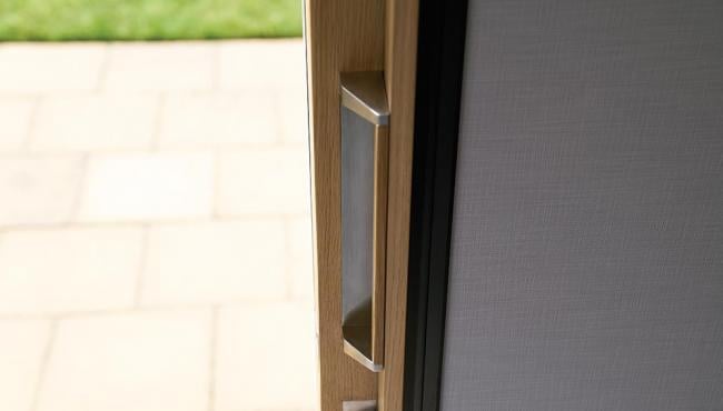 Centor sliding door internal handle interacting with the built in shade